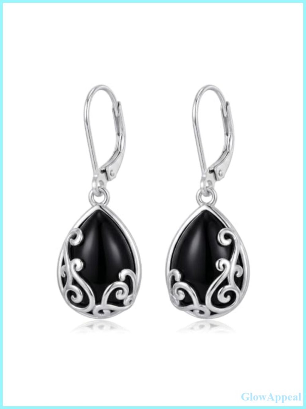 White Gold Plated Filigree Teardrop Dangle Leverback Earrings with Onyx